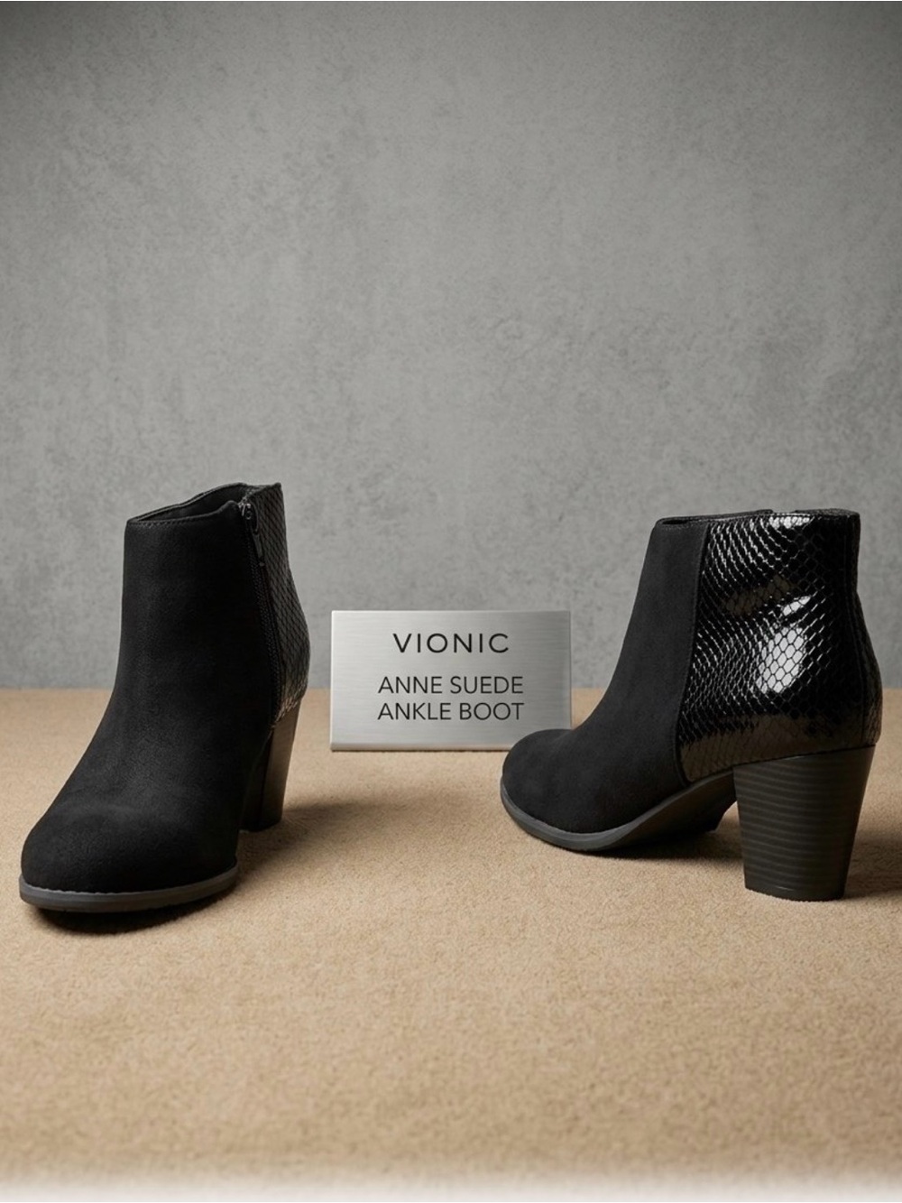 Vionic Black Anne Suede & Patent Snake-Trim Block Heel Ankle Boot -Size 8